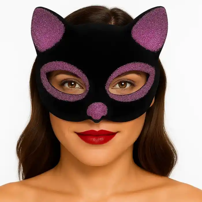 Siyah Renk Pembe Simli Süet Kedi Maskesi 18x14 cm