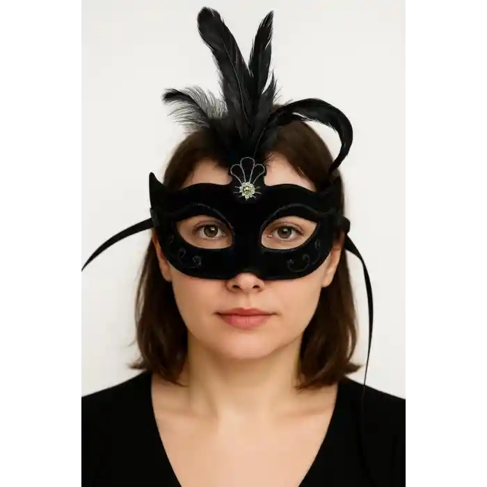 Siyah Renk Tüylü Siyah Süet Kaplama Parti Balo Maskesi 20X16 cm