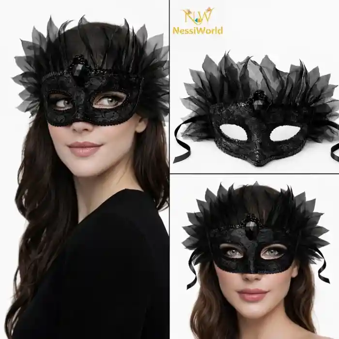 Siyah Taşlı Venedik Maskesi Lüks Tüllü Parti Maskesi