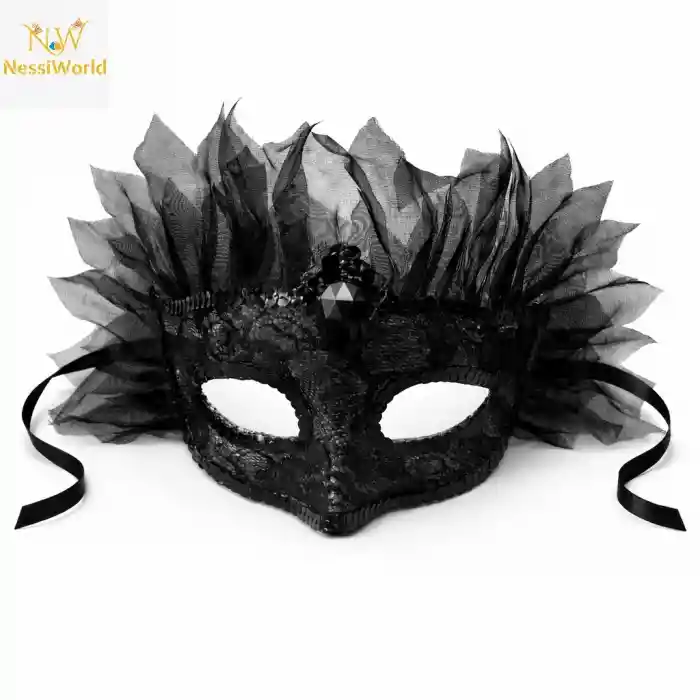 Siyah Taşlı Venedik Maskesi Lüks Tüllü Parti Maskesi