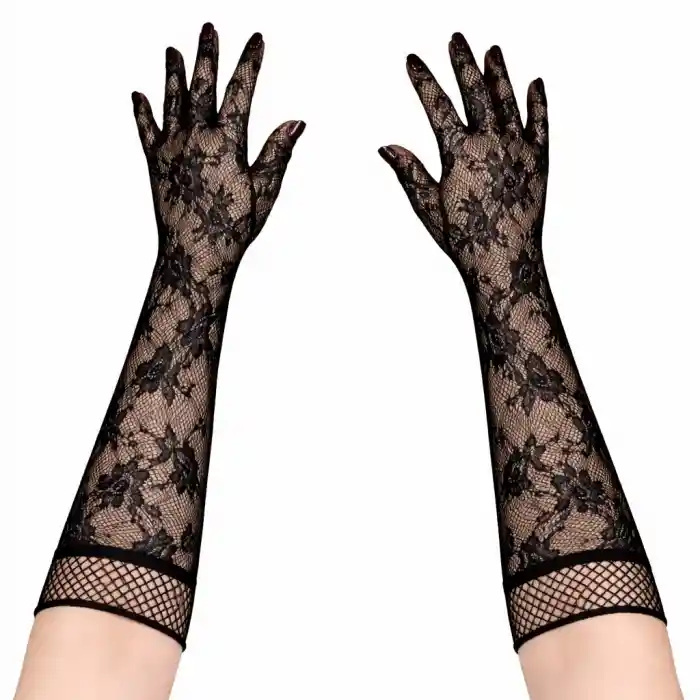 Siyah Uzun Gül Desenli Dantel Kadın Eldiveni