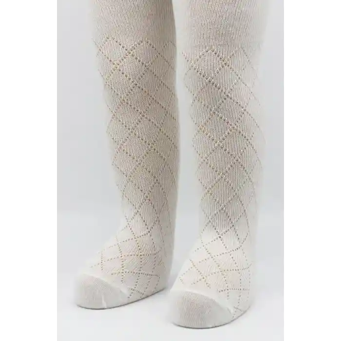 Tekli Ekose Kabartma Penye Külotlu Çorap BS50105 Ekru