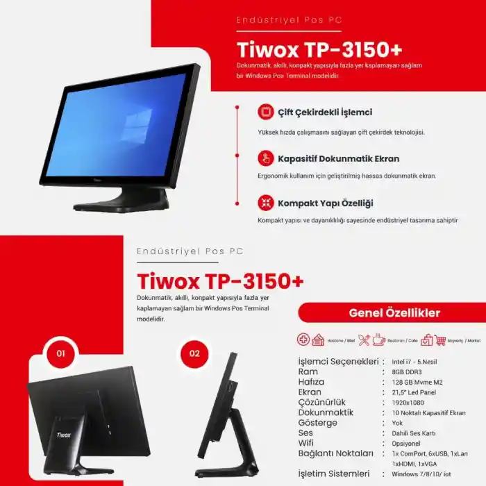 TIWOX TP-3150 PLUS I7 5.GEN 8GB/128GB SSD 21.5 ENDÜSTRİYEL POS PC
