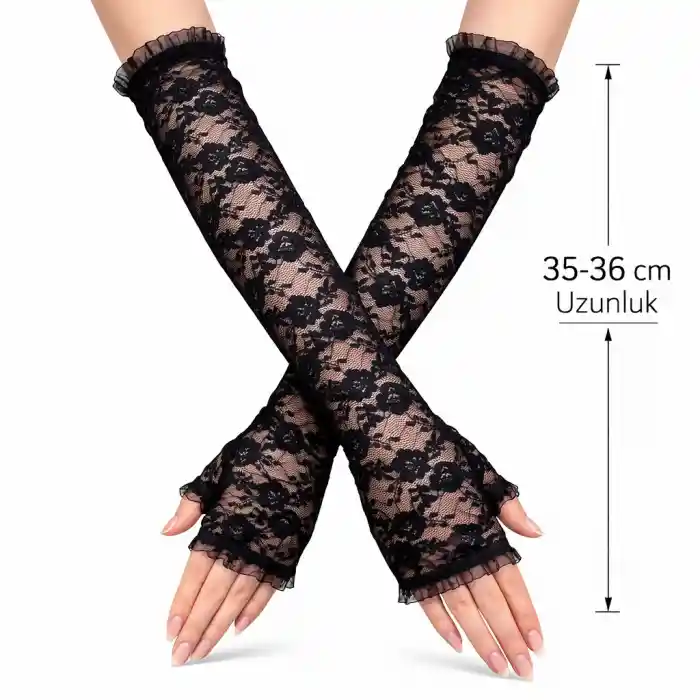 Uzun Zarif Dantel Eldiven Parmaksız Siyah 35 cm