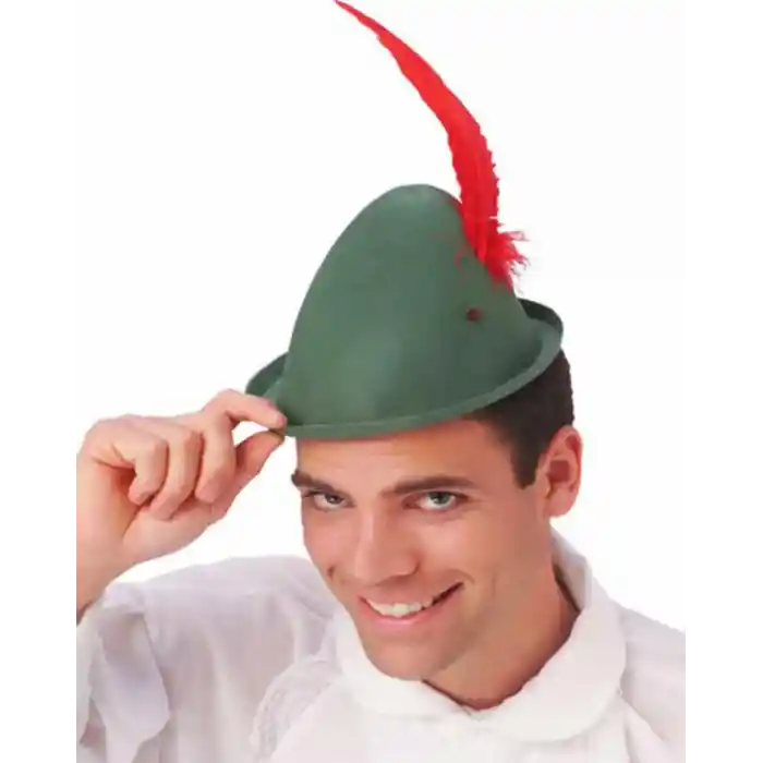 Yeşil Renk Kırmızı Tüylü Peter Pan Şapkası Robin Hood Şapkası 24X23 cm