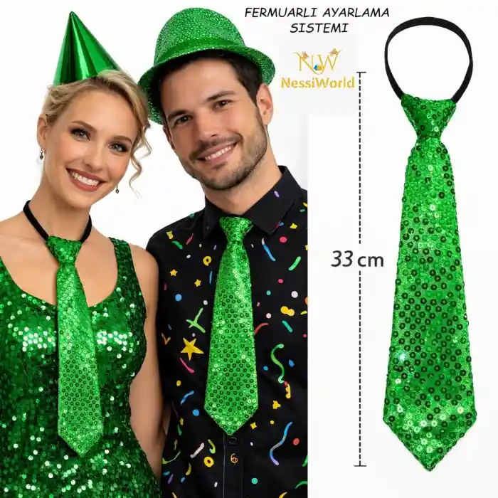 Yeşil Renk Pul Payetli Işıltılı Parti Kravatı 33 cm