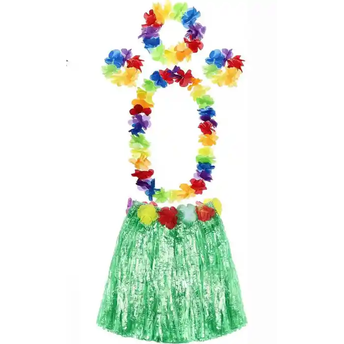 Yetişkin ve Çocuk Uyumlu Luau Aloha Hawaii Yeşil Etek ve Renkli Kolye Taç 2 Adet Bileklik Seti
