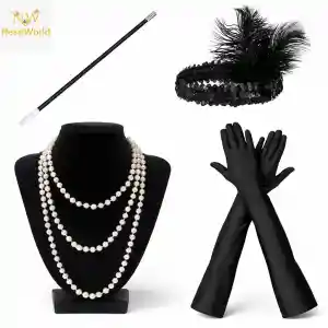 1920’ler Çarliston Aksesuar Seti – İnci Kolye, Eldiven, Sigara Tutucu, Siyah Saç Bandı