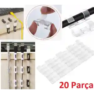 20li Yapışkanlı Kablo Sabitleyici Şeffaf Klips