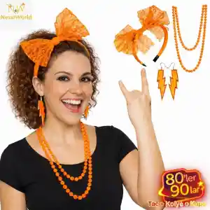 80’ler 90’lar Neon Turuncu Parti Seti – Kolye Küpe Taç