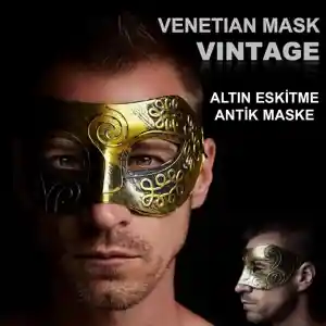 Altın Eskitme Yüz Maskesi - Antik Tarz Balo Maskesi