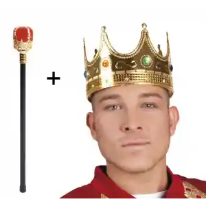 Altın Renk 60cm Kral Tacı Kraliyet Tacı ve Kırmızı Topuzlu Kral Asası Seti