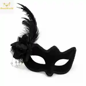 Beyaz İnci Detaylı Siyah Süet Venedik Kadın Maskesi Tüylü Güllü