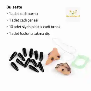 Cadı Aksesuar Seti – Burun, Çene, Fosforlu Diş ve 10 Adet Siyah Tırnak