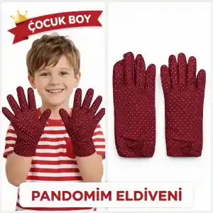 Çocuk Boy Pandomim Eldiveni Beyaz Puantiyeli Bordo Renk Gösteri Eldiveni 23 Nisan 19 Mayıs