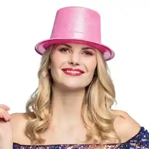 Floresan Pembe Renk Simli Uzun Fötr Melon Şapka 12 cm