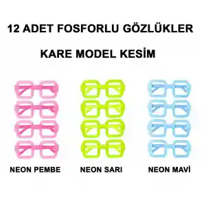   Fosforlu Kare Model Glow Parti Gözlüğü Karanlıkta Yanan Gözlükler 12 Adet