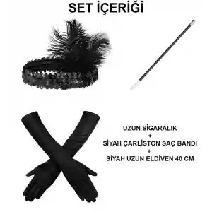 Gatsby Aksesuar Seti – Siyah Charleston Saç Bandı, Uzun Eldiven & Sigaralık
