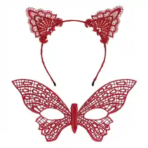 Gösterişli Kırmızı Dantel Maske ve Taç Seti 7 No – Masquerade ve Davetler için