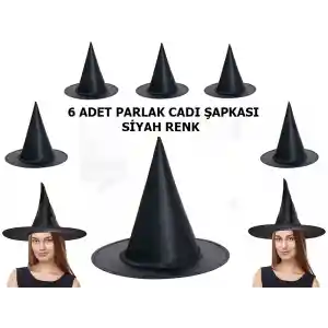 Halloween Siyah Renk Parlak Dralon Cadı Şapkası Yetişkin ve Çocuk Uyumlu 6 Adet