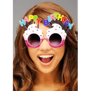 Happy Birthday Yazılı Beyaz Fuşya Renk Parti Gözlüğü 12x7 cm
