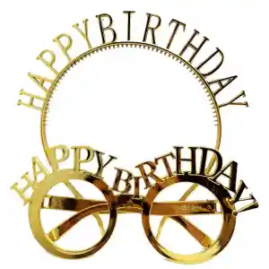 Happy Birthday Yazılı Taç ve Happy Birthday Yazılı GözlüK Seti Altın Renk NessiWorld