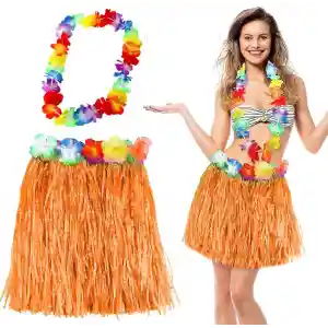 Hawaii Luau Aloha Turuncu Püsküllü 40 cm Etek ve Hawaii Kolye Seti