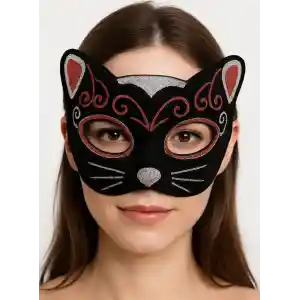 Kadife Dokulu Sim Detaylı Işıltılı Kedi Maskesi Kırmızı Gümüş 20x13 cm