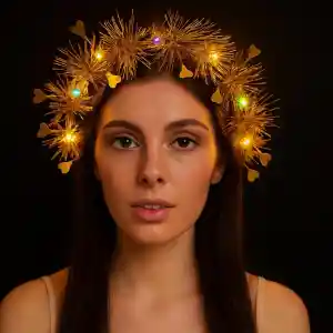 Kalp Püsküllü Gece Parıltısı 3 Modlu LED li Işıklı Taç Altın Renk