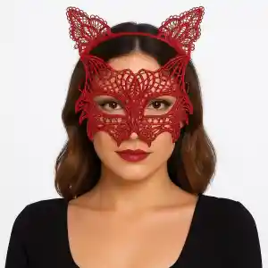 Kırmızı Dantel Kedi Maskesi ve Dantel Taç Seti – Kadın Kostüm ANessiWorldesuarı