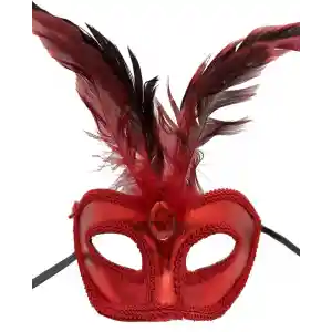 Kırmızı Renk Rugan Kaplama Kırmızı Tüylü Parti Maskesi 18x20 cm