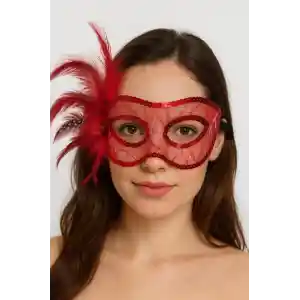 Kırmızı Renk Yandan Tüylü Pul Payet İşlemeli Parti Maskesi 23x12 cm
