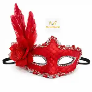 Kırmızı Tüylü Venedik Lüks Balo Maskesi