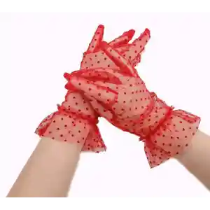 Kısa Boy Güpürlü Kırmızı Puantiyeli Tül Eldiven Kırmızı Renk