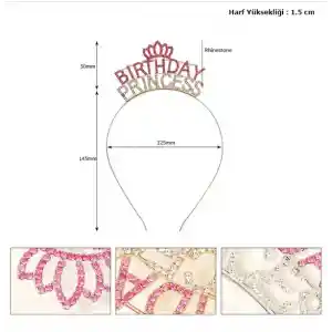 Kristal Taşlı Pembe Birthday Princess Yazılı Parti Tacı 19x11 cm