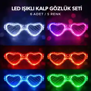 LED Işıklı Kalp Pilli Parti Gözlüğü – 6 Adet / 5 Renk Set