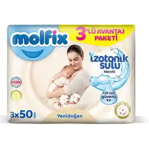 Yenidoğan İzotonik Sulu Doğal Pamuk Islak Havlu Mendil 3Lü 150 Yaprak