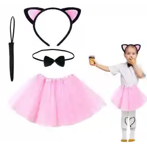 Pembe Renk Etekli Kedi Kostüm Seti (Tütü, Taç, Papyon, Kuyruk)
