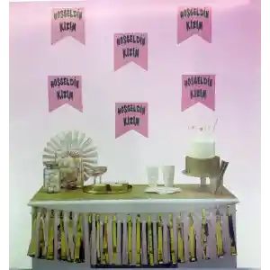 Pembe Üzeri Gümüş Renk Hoşgeldin Kızım Bayrak Süs