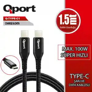 QPORT Q-TYPE-C1 1.5M TYPE-C 100W ŞARJ VE DATA KABLOSU