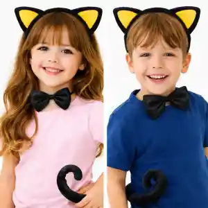 Sarı Kulaklı Kedi Kostüm Seti – Taç Papyon Kuyruk 3 Parça