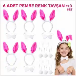 Şeker Pembesi Tavşan Sahne Seti 6'lı Set Taç Papyon Kuyruk