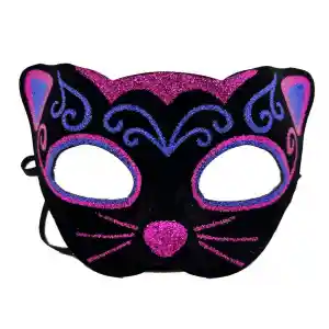 Siyah Kadife Kaplama Üzeri Pembe Mavi Sim İşlemeli Kedi Maskesi 20x13 cm