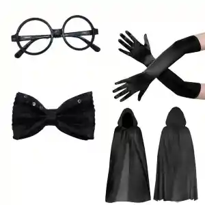 Siyah Kapüşonlu Büyücü ve Cadı Pelerin Kostüm Seti (4 Parça)