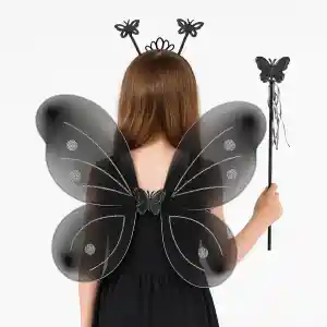 Siyah Kelebek Kız Seti – 50 cm Kelebek Kanadı, Taç ve Asa