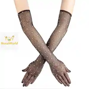 Siyah Renk İncili Elmas İşlemeli File Örgü Uzun Eldiven 45 cm