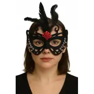 Siyah Renk Siyah Süet Kaplama Tüylü Kelebek Figür Parti Maskesi 24x18 cm