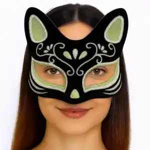 Siyah Renk Üzeri Gümüş Yeşil Simli Süet Kaplama Kedi Maskesi 17x14 cm