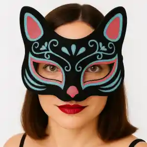 Siyah Renk Üzeri Mavi Kırmızı Simli Süet Kaplama Kedi Maskesi 17x14 cm