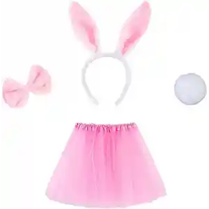 Tavşan Tacı Eteği Papyonu ve Kuyruk Kostüm  Seti Pembe Renk Çocuk Boy